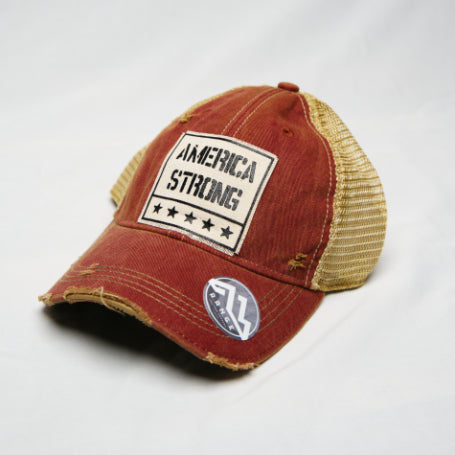 Red America Strong Distressed Trucker Hat with Mesh Backing Live to Give