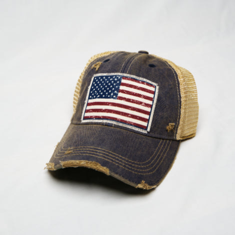 Distressed American Flag Trucker Hat - Navy Blue Live to Give