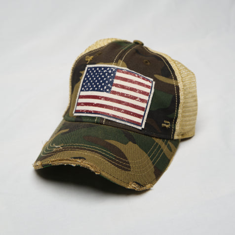 USA American Flag Trucker Hat in Green Camouflage Live to Give