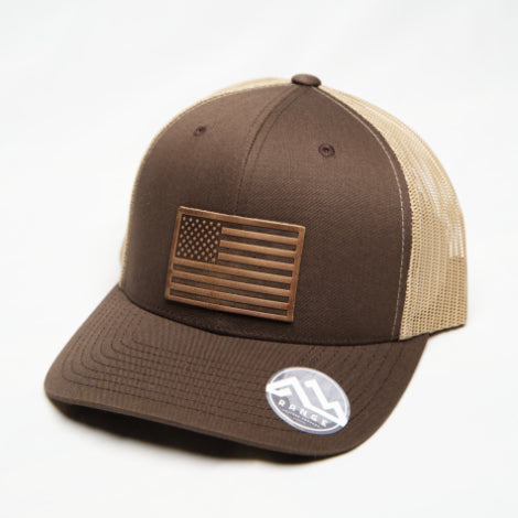 Leather American Flag Trucker Hat - Brown Khaki