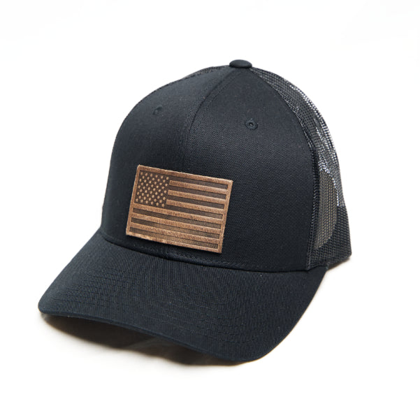 Leather American Flag Trucker Hat - Dark Blue Live to Give