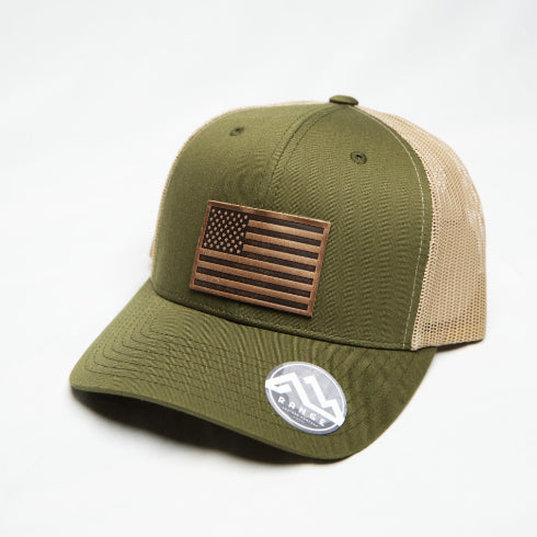 Leather American Flag Trucker Hat - Moss/Khaki