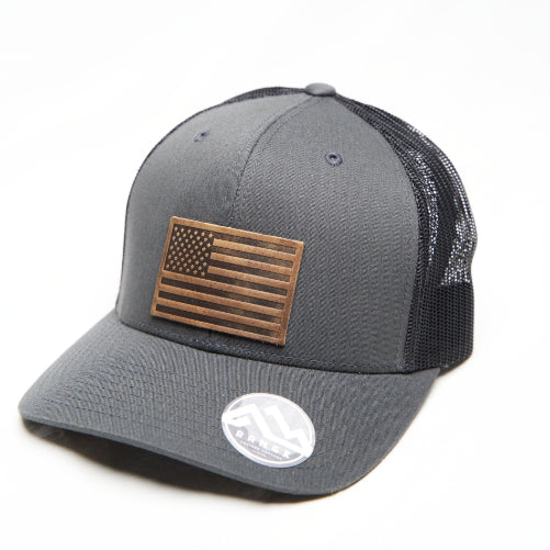 Leather American Flag Trucker Hat - Charcoal Live to Give